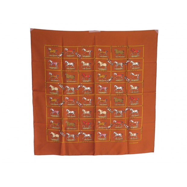 FOULARD HERMES COUVERTURES CHEVAUX EN SOIE MARRON CARRE 70 CM + BOITE SCARF 270€