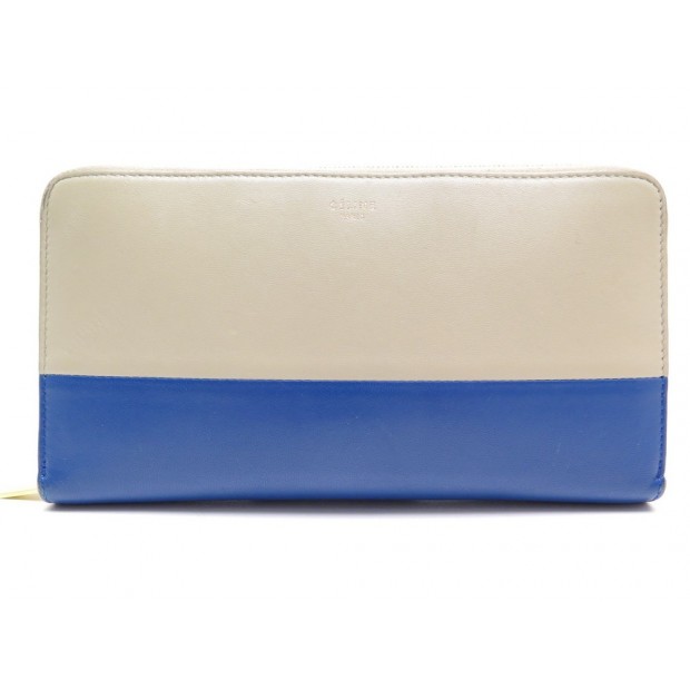 PORTEFEUILLE CELINE SOLO GM BICOLORE BLEU ET BEIGE CUIR AGNEAU WALLET 420€