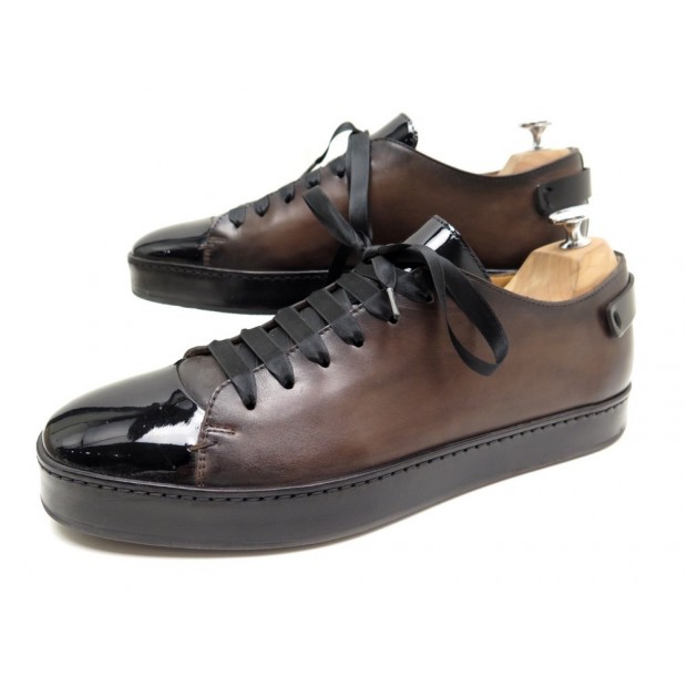 NEUF CHAUSSURES SANTONI 8.5 IT 9 FR 43 BASKETS CUIR MARRON BOUT VERNI NOIR 550€