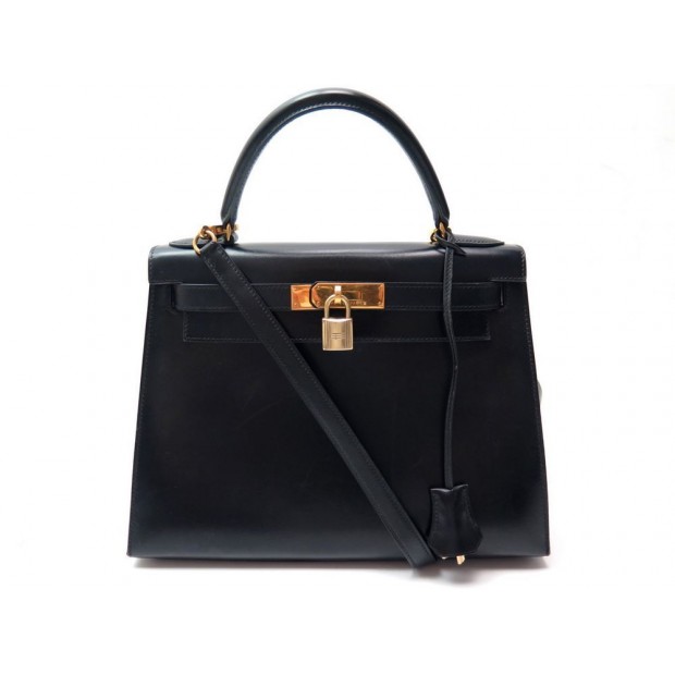 NEUF VINTAGE SAC A MAIN HERMES KELLY 28 BANDOULIERE CUIR BOX NOIR 