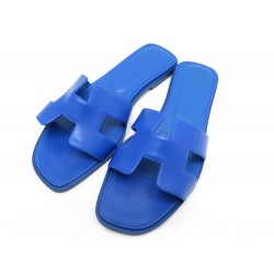 NEUF CHAUSSURES HERMES ORAN 37 SANDALES MULES CUIR BLEU DE CHINE + POCHON SHOES