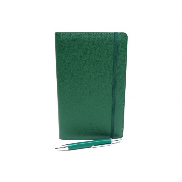 NEUF PORTE BLOC NOTE MONTRE ROLEX CAHIER COUVERTURE CUIR VERT & STYLO BOOK PEN