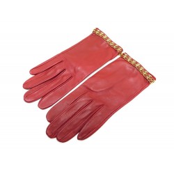 GANTS CHANEL 6.5 EN CUIR ROUGE CHAINE ENTRELACEE DOREE 