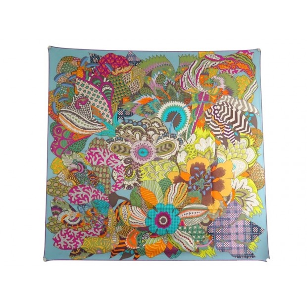 FOULARD HERMES FLEURS D'INDIENNES ALINE HONORE CARRE SOIE BLEUE SILK SCARF 360€