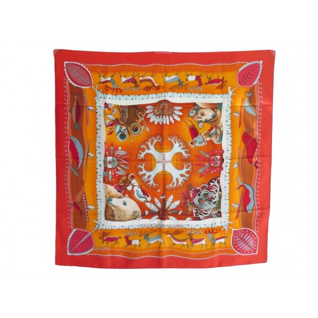 NEUF FOULARD HERMES LA VIE DU GRAND NORD CARRE 90 CM EN SOIE ORANGE BOITE SCARF