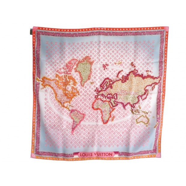 NEUF FOULARD LOUIS VUITTON MONOGRAM WORLD MAP CARRE EN SOIE ROSE SILK SCARF 330€