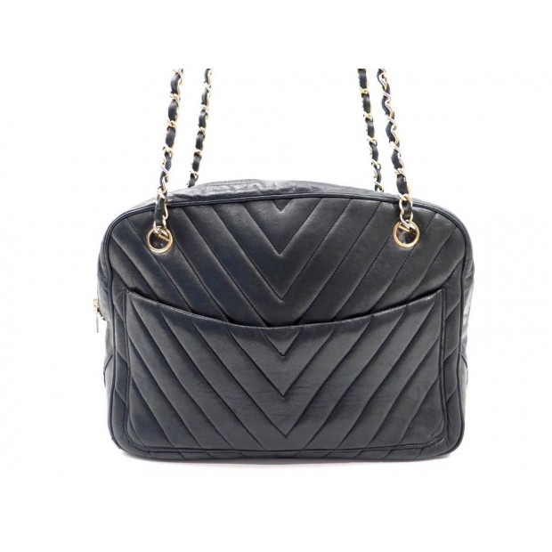 VINTAGE SAC A MAIN CHANEL CAMERA 28 CM EN CUIR CHEVRON NOIR HAND BAG PURSE 3600€