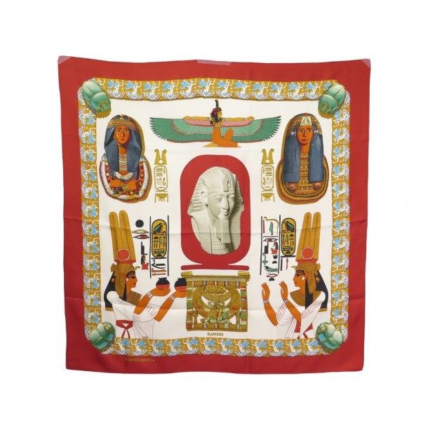 FOULARD HERMES RAMSES PHARAON CARRE 90 CM RYBALTCHENKO EN SOIE ROUGE SCARF 360€