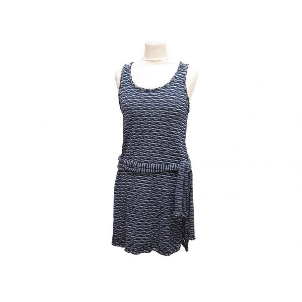 ROBE CHANEL MOTIF RAYURES AVEC CEINTURE P43330 M 38 EN VISCOSE BLEU DRESS 1980€