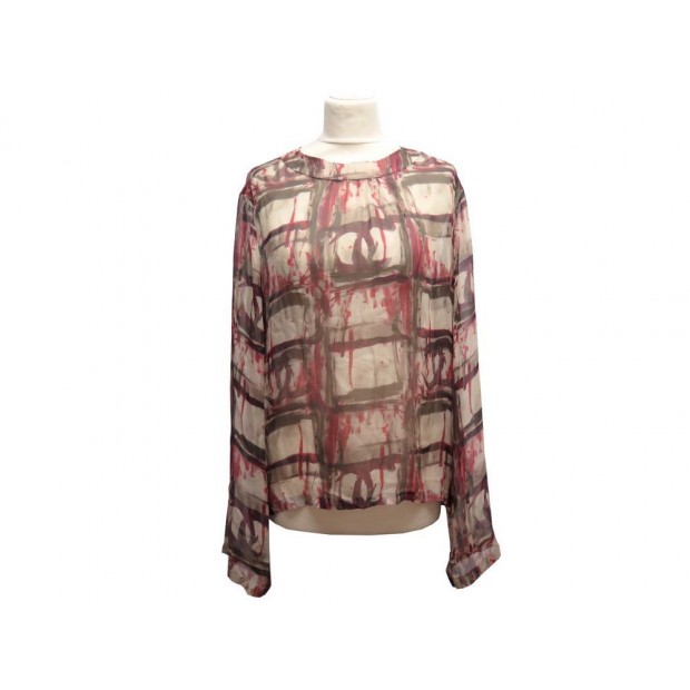 HAUT CHANEL BLOUSE LOGO CC 40 M EN MOUSSELINE DE SOIE CHEMISIER TOP SILK 1500€