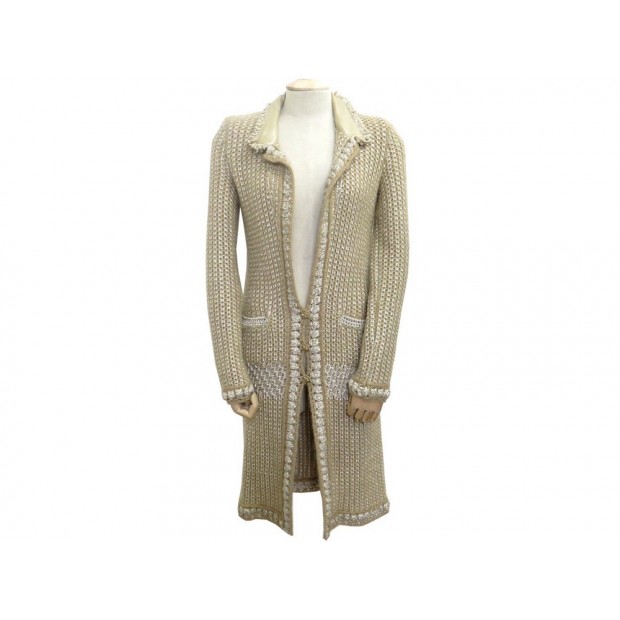 NEUF GILET LONG CHANEL 36 S FEMME EN LAINE DORE MANTEAU VESTE WOOL JACKET 3000€