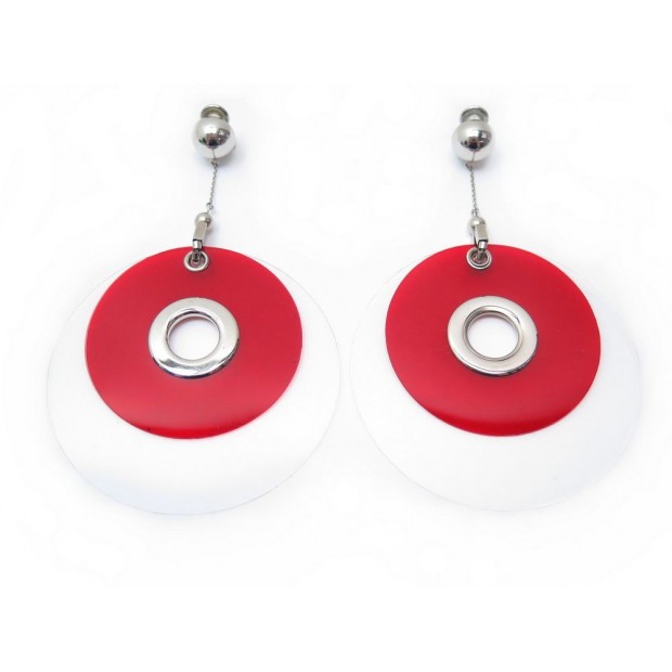 BOUCLES D'OREILLES PRADA RONDES CLIPS EN PLASTIQUE ROUGE RED EARRINGS JEWEL 350€