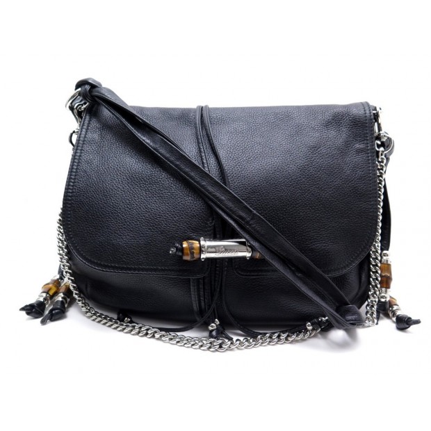 NEUF SAC A MAIN GUCCI BAMBOO TASSEL 232940 BANDOULIERE EN CUIR GRAINE NOIR 1460€