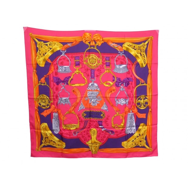 FOULARD HERMES ETRIERS CARRE 90 CM EN SOIE ROSE F. PERRIERE PINK SCARF SILK 360€