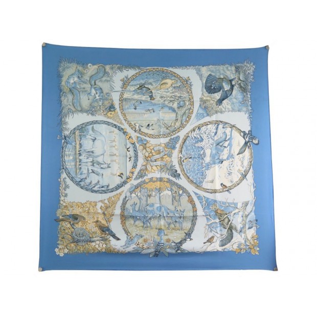 foulard hermes les quatre saisons carre en soie bleue
