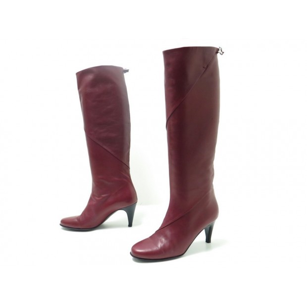 CHAUSSURES HERMES 37 BOTTES EN CUIR BORDEAUX BURGUNDY LEATHER BOOTS SHOES 1900€