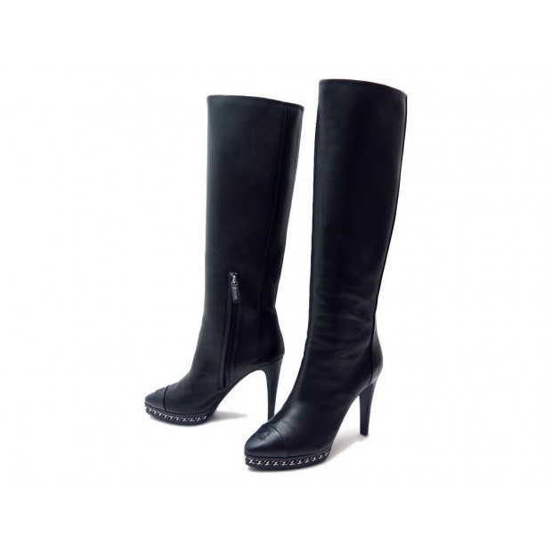 CHAUSSURES CHANEL CHAINE ENTRELACEE G30146 41 BOTTES CUIR NOIR BLACK BOOTS 1750€