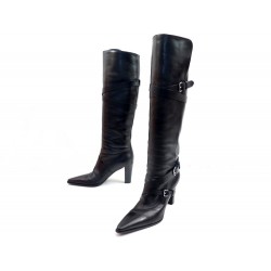BOTTES CUISSARDES A TALONS HERMES 37 CUIR BOX NOIR BOOTS A SANGLES BOITE 1460€