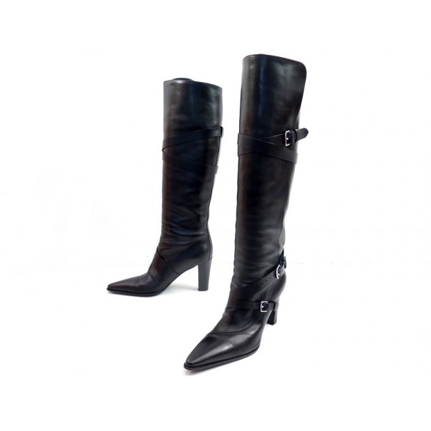 BOTTES CUISSARDES A TALONS HERMES 37 CUIR BOX NOIR BOOTS A SANGLES BOITE 1460