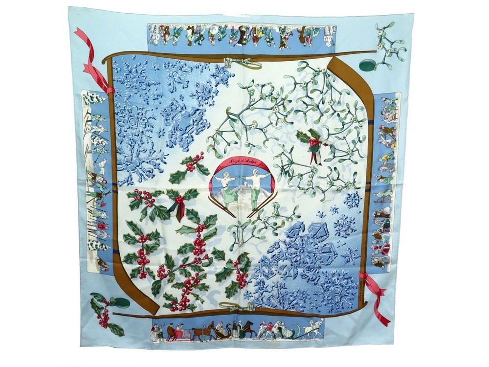 Foulard Hermès Vintage 'Par Temps De Neige' - Soie 90x90 Cm - édition 1957, Avec Boîte
