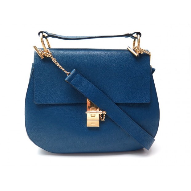 NEUF SAC A MAIN CHLOE GRAND DREW 3S1030-944 BANDOULIERE CUIR GRAINE BLEU 1750€