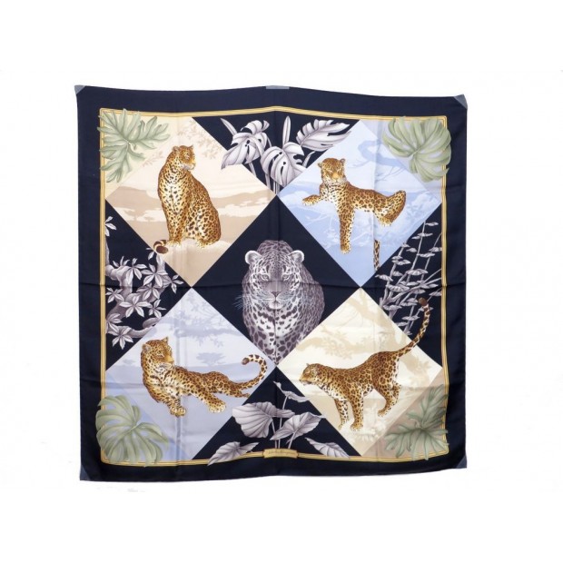 NEUF FOULARD SALVATORE FERRAGAMO PANTHERE LEOPARD BLEU SOIE SILK SCARF 295