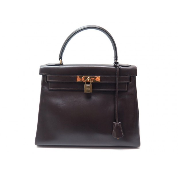 NEUF SAC A MAIN HERMES KELLY 28 RETOURNE EN CUIR BOX MARRON DORE HAND BAG 7300€