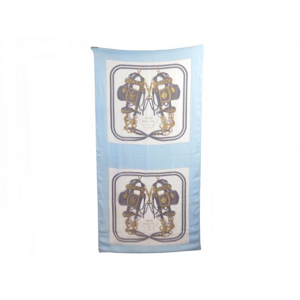 NEUF FOULARD CHALE HERMES BRIDE DE GALA 100% MOUSSELINE DE SOIE BLEU + BOITE 