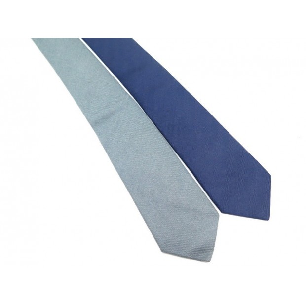 LOT DE 2 CRAVATES HERMES UNIES SLIM EN SOIE BLEUE COTON GRIS GRAY BLUE TIE 350€