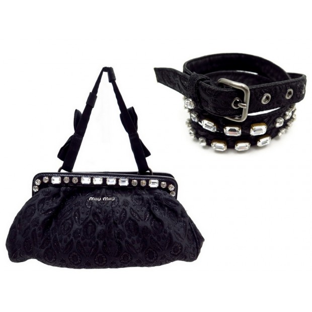 SAC A MAIN MIU MIU POCHETTE DE SOIREE NOIRE PIERRES SWAROVSKI + CEINTURE 1200€