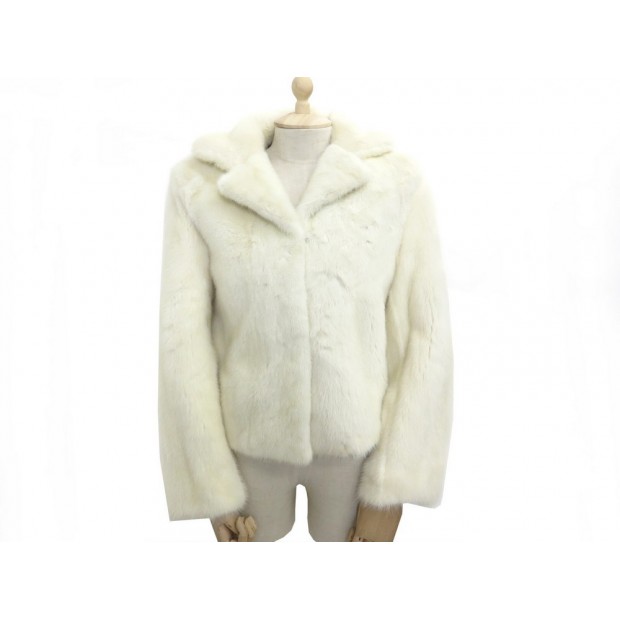 BLOUSON EN FOURRURE 40 M VISON BLANC & DOUBLURE FOULARD HERMES BRIDES DE GALA