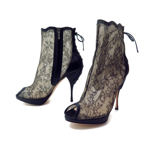 NEUF BOTTINES CHRISTIAN DIOR LACET CORSET 38.5 DENTELLE LOW BOOTS OPEN TOE 515€