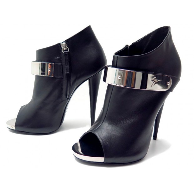 NEUF CHAUSSURES BOTTINES GIUSEPPE ZANOTTI 38.5 LOW BOOTS OPEN TOE CUIR NOIR 490€