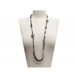 NEUF COLLIER SAUTOIR CHANEL LOGO CC & PERLES DE VERRE NOIRES 2014 NECKLACE 1870€