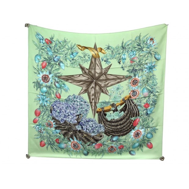 NEUF FOULARD HERMES PASSIFLORES 1996 DAWLAT CARRE SOIE TURQUOISE SILK SCARF 360€