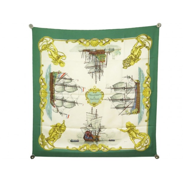 VINTAGE FOULARD HERMES VAISSEAUX DE HAUT BORD SOIE VERT SILK GREEN SCARF 360€