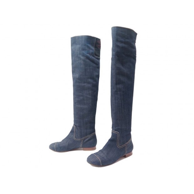 BOTTES HAUTES CHANEL 38.5 EN TOILE DENIM JEAN LOGO CC CANVAS HIGH BOOTS 1150€