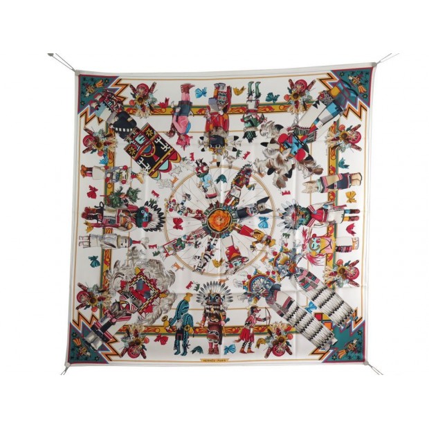 FOULARD HERMES KACHINAS CARRE EN SOIE BLANCHE KERMIT OLIVER 1992 SILK SCARF 360€