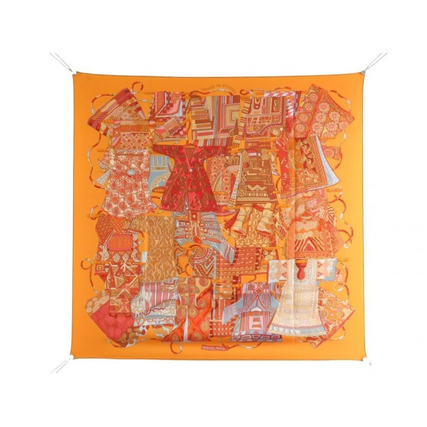 FOULARD HERMES VOYAGE EN ETOFFES ANNIE FAIVRE 2009 SOIE ORANGE CARRE SCARF 360€