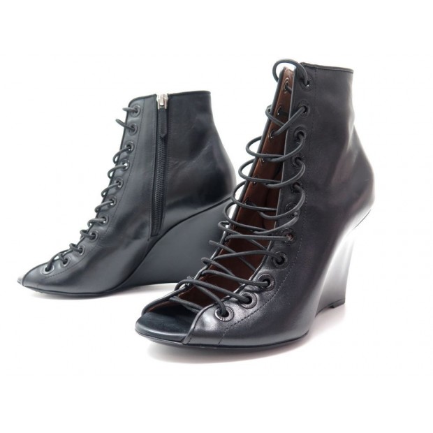 BOTTINES GIVENCHY OUVERTES A LACETS 38.5 TALONS COMPENSES CUIR NOIR BOOTS 750€