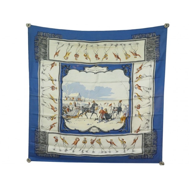 FOULARD HERMES LES PLAISIRS DU FROID SOIE BLEU 