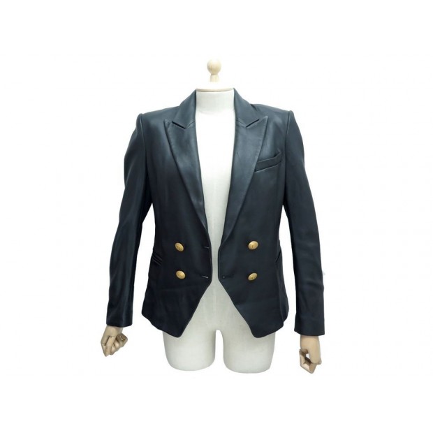 BLOUSON EN CUIR NOIR PIERRE BALMAIN 38 M BLAZER CINTRE 2 BOUTONS VESTE 3000€