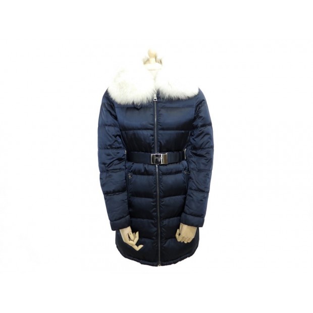 MANTEAU DOUDOUNE PRADA FEMME BLEUE 38 COL FOURRURE DE RENARD NATUREL 