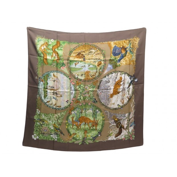 FOULARD HERMES LES QUATRE SAISONS SOIE MARRON 