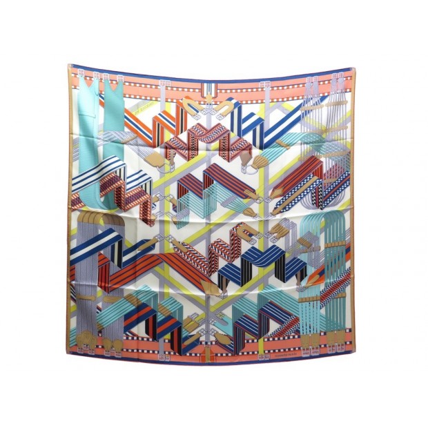 NEUF FOULARD HERMES SANGLES EN ZIGZAG CARRE 90 EN SOIE + SAC SILK SCARF NEW 360€