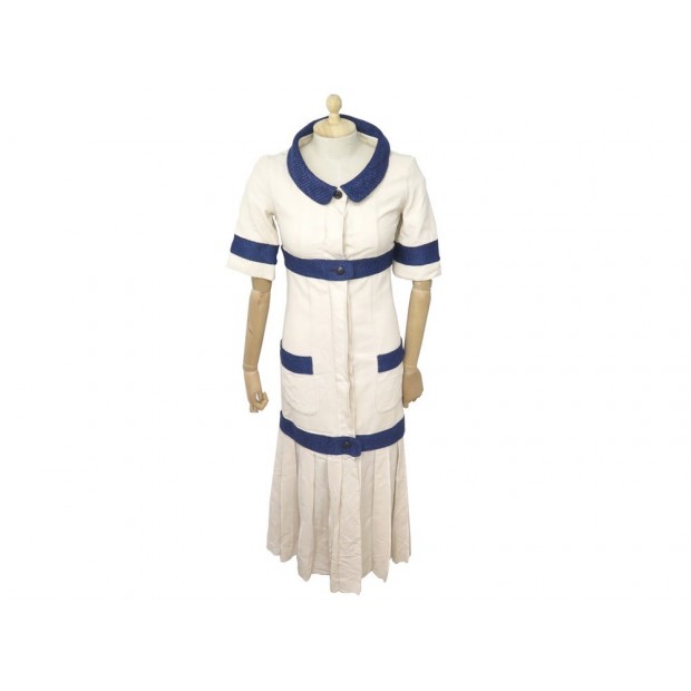 ROBE LONGUE CHANEL COL ROND T 38 M EN COTON BICOLORE BLEU & ECRU DRESS 2450€