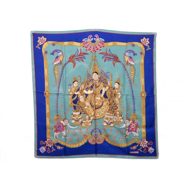 VINTAGE FOULARD HERMES INDIA CARRE CATHY LATHAM EN SOIE BLEU SILK SCARF 345€