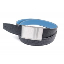 NEUF CEINTURE HERMES LIEN 32MM EN CUIR TOGO NOIR & SWIFT BLEU T95 BOUCLE ARGENT