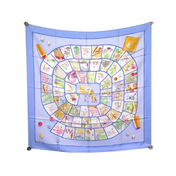 FOULARD HERMES LE JEU DES PETITS BONHEURS SOIE BLEU