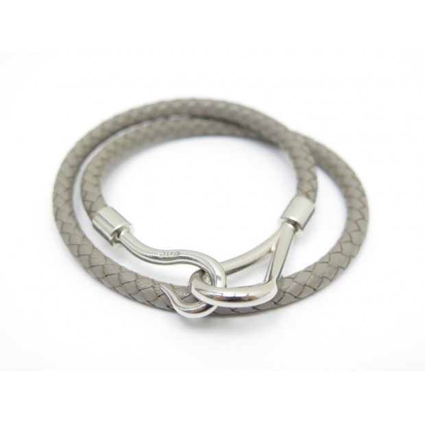 NEUF COLLIER HERMES JUMBO OU BRACELET DOUBLE TOUR CUIR TRESSE GRIS NECKLACE 360€